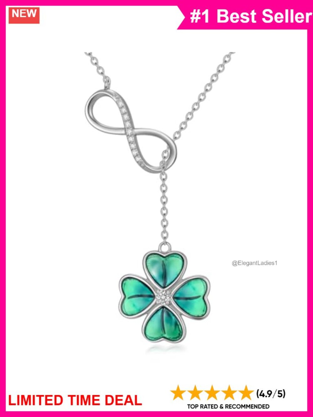 925 Sterling Silver Infinity Four Leaf Clover Lariat Necklace Lab Grown Diamond